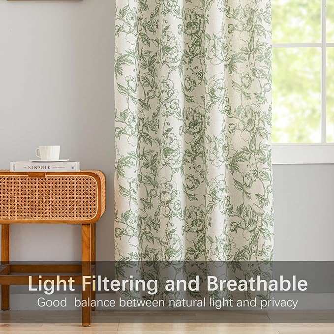 Green Floral Curtains for Living Room 90 Inches Long French Country Green Peony Print on Beige Linen Curtains Light Filtering Cottage Window Treatment Farmhouse Drapes,Pack-2,50" W X 90" L