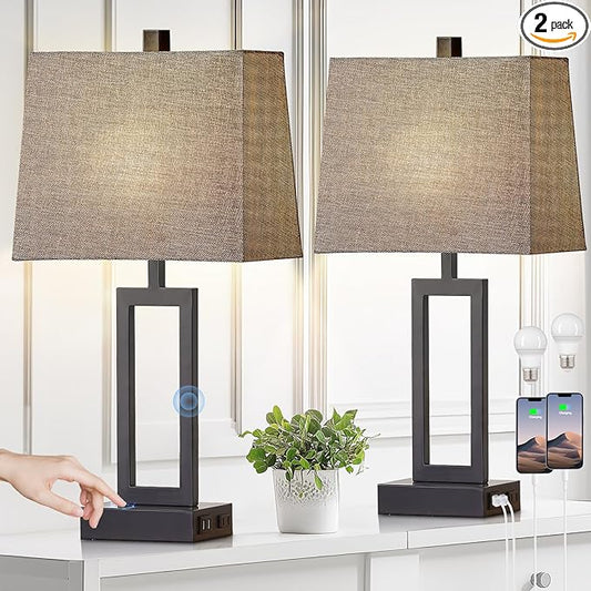 Rinweey 23.5" Touch Control Table Lamps Set of 2, Modern Bedside Lamps with USB A+C Ports & AC Outlet, 3 Way Dimmable Contemporary Nightstand Lamps for Bedroom Living Room Gray(LED Bulb Included)
