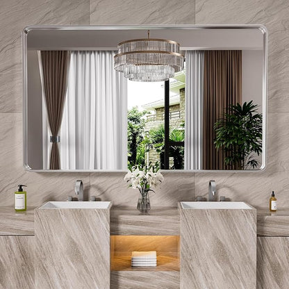 JISOSO Brushed Nickel Bathroom Mirror 50x30 Inch, Brushed Silver Metal Frame Mirror Wall Mounted, Rounded Rectangle Bathroom Vanity Mirror, Tempered Glass, Anti-Rust, Horizontal/Vertical