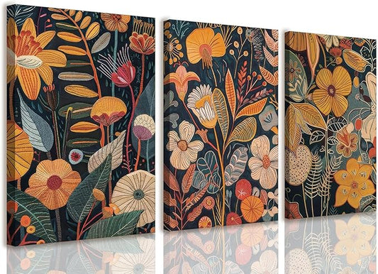 TBKHUDBI Burnt Orange Floral Canvas Wall Art,Mid Century Modern Wall Decor,Boho Terracotta Flower Picture Prints Poster Painting Artwork Set Of 3 For Living Room Bedroom Office 12X16 Framed