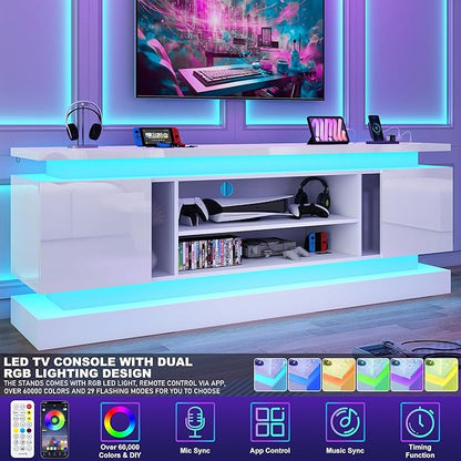 chartustriable 71IN LED TV Stands w/Power Outlet for 85/80/75 Inch TVs,High Glossy Modern Tall Entertainment Center TV Media Console Gaming with 2 Storage Cabinets,Dual LED Lights,White
