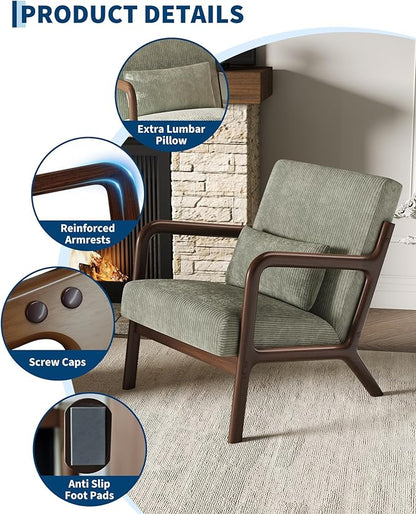 Garvee Mid-Century Modern Accent Chair, Wide-Wale Corduroy Upholstery, Solid Wood Armchair with Removable Lumbar Pillow, Sturdy Reading Chair for Living Room, Bedroom, Guest Room, Easy Assembly, Green