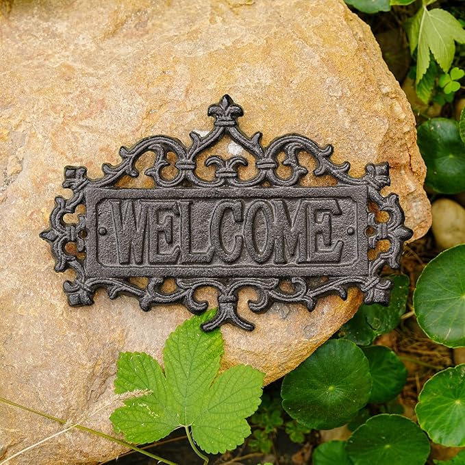 Sungmor Cast Iron Welcome Sign – Vintage Style Decorative Wall Plaque – Ornate Scroll Design for Porch, Entryway, Garden or Fence – Outdoor Wall Hanging Sign, Rustic Metal Home Decor