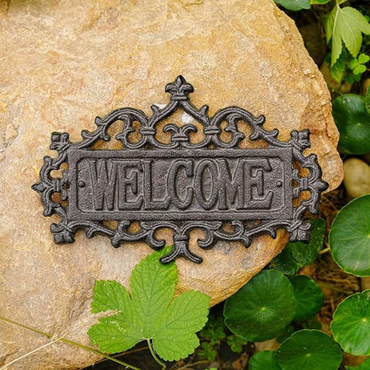 Sungmor Cast Iron Welcome Sign – Vintage Style Decorative Wall Plaque – Ornate Scroll Design for Porch, Entryway, Garden or Fence – Outdoor Wall Hanging Sign, Rustic Metal Home Decor
