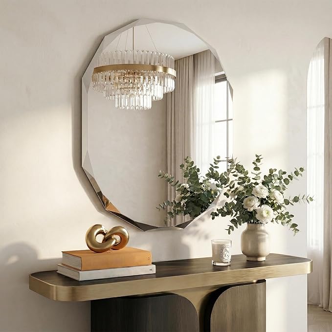36x30 Large Capsule Vanity Mirror for Wide Sink, Luxury Diamond-Faceted Wall Mirror, Frameless Oblong Mirror for Mantle, Horizontal/Vertical