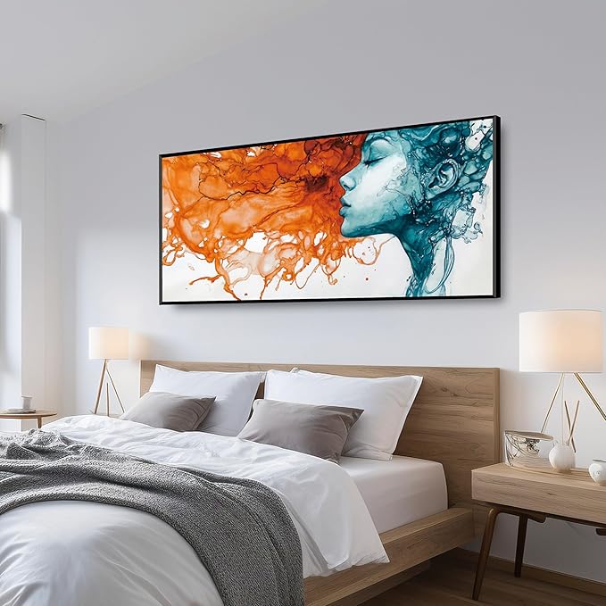 Modern Abstract Crystal Porcelain wall art Teal and Orange Fluid Painting Aluminum Framed large wall art for Living Room Bedroom Office Hallway artwork for walls 24x48 In