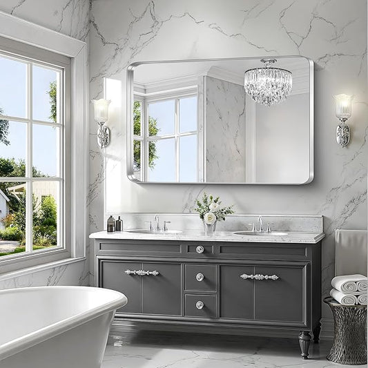 CIRCUMI Silver Bathroom Mirror, 36"x55" Rectangular Mirror with Deep Metal Frame, Rounded Corner, Tempered Glass, Large Mirror for Wall, Over 2 Sinks, Installed Vertically/Horizontally, Crystal-Clear