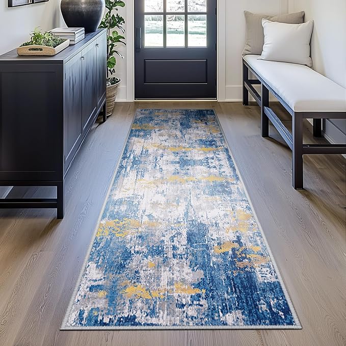 RELEANY Washable Area Rugs 2'x6' Non-Slip Modern Abstract Soft for Living Room Entryway Bedroom Nursery, Print Pattern, Grey Blue Gold/Golden