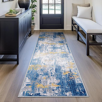 RELEANY Washable Area Rugs 2'x6' Non-Slip Modern Abstract Soft for Living Room Entryway Bedroom Nursery, Print Pattern, Grey Blue Gold/Golden
