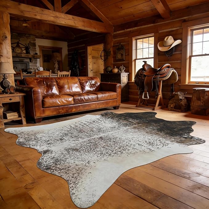 8x10 Large Cowhide Rug, Washable Faux Brown and White Hide Area Rugs for Living Room, Classic Western Brindle Animal Print Carpet for Under Dining Table, Synthetic Vegan Leather Decor