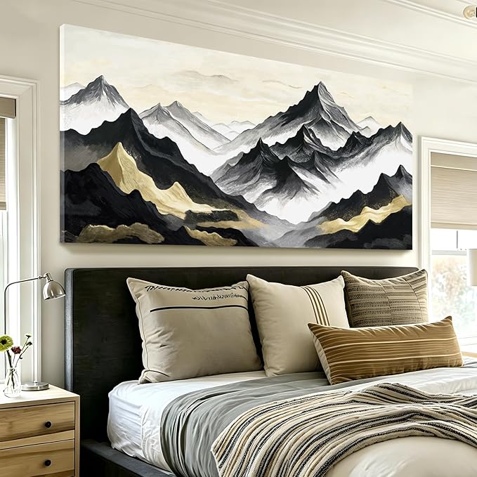 Oversized Black White And Gold Modern Abstract Landscape Wall Art For The Living Room; Canvas Print Of Natural Mountain; A Casual And Elegant Artwork Suitable For Bedrooms, Dining Rooms, Offices, And Galleries. 58X29 Inch