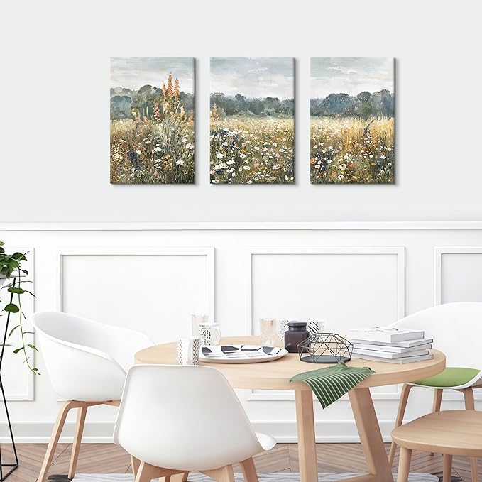 WENGTIAO 3Pcs Spring Wildflower Field Canvas Wall Art Prints Rustic Meadow Landscape Painting Nature Watercolor Flower Pictures Poster Vintage Farmhouse Artwork for Living Room Bedroom 12”x16”x3