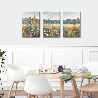 WENGTIAO 3Pcs Spring Wildflower Field Canvas Wall Art Prints Rustic Meadow Landscape Painting Nature Watercolor Flower Pictures Poster Vintage Farmhouse Artwork for Living Room Bedroom 12”x16”x3