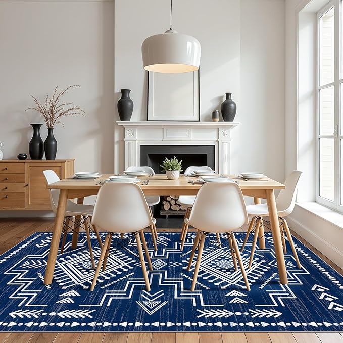 Joydeco 5x7 Moroccan Living Room Rugs, Navy Blue Washable Modern Bedroom Rug, Western Low Pile Non Shedding Distressed Aztec Dining Room, Aztec Soft Non Slip Carpet for Office Home Decor