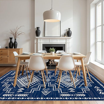 Joydeco 5x7 Moroccan Living Room Rugs, Navy Blue Washable Modern Bedroom Rug, Western Low Pile Non Shedding Distressed Aztec Dining Room, Aztec Soft Non Slip Carpet for Office Home Decor