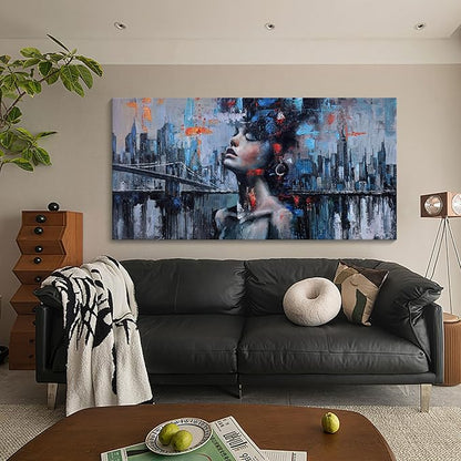 Navy Blue Abstract Wall Art Woman Picture for Living Room Modern Home Bedroom Decoration New York City Framed Cityscape Artwork Decor 29x58IN