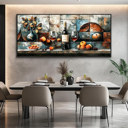 hyidecorart Large Framed Wall Art for Kitchen Vintage Wall Decor For Living Room Dining Room Decorations Modern Pictures Still Life Wine Glass Fruit Canvas Prints Painting Artwork Home Decor 32x72 In