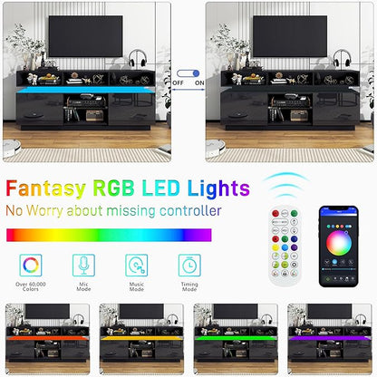 chartustriable LED TV Stand for 75 Inch TV, Modern Tall Entertainment Center with Power Outlets, High Gloss TV Stand, Gaming TV Media Console with Glass Shelf for Living Room, 63 Inch, Black