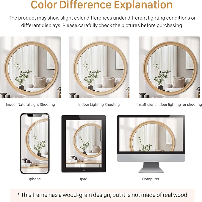 CULER Round Wall Mirrors 24 Inch,Natural Rustic Decorative Transitional Mirror with Wood Grain Frame for Wall,Farmhouse Hanging Vanity Mirror for Bathroom Bedroom Living Room or Entryway