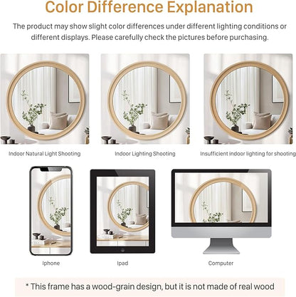 CULER Round Wall Mirrors 24 Inch,Natural Rustic Decorative Transitional Mirror with Wood Grain Frame for Wall,Farmhouse Hanging Vanity Mirror for Bathroom Bedroom Living Room or Entryway