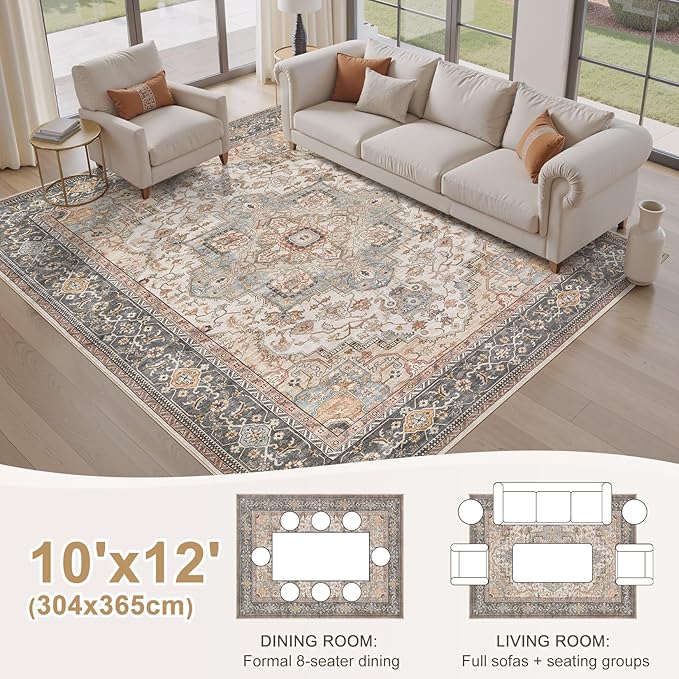 Washable Area Rugs for Living Room - 10x12 Neutral Vintage Distressed Floral Farmhouse Boho Large Soft Floor Rug Indoor Non Slip Carpet for Living Room Bedroom Dining Room Office - Forest Green Orange