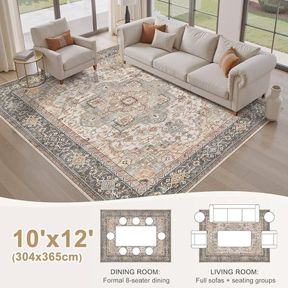 Washable Area Rugs for Living Room - 10x12 Neutral Vintage Distressed Floral Farmhouse Boho Large Soft Floor Rug Indoor Non Slip Carpet for Living Room Bedroom Dining Room Office - Forest Green Orange