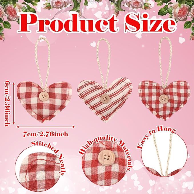 Soulchen 12 Pcs Valentine's Day Heart Ornaments Vintage Fabric Stuffed Heart Hanging Ornaments Rustic Red Buffalo Plaid Hanging Decor with Button for Tree Farmhouse Anniversary Wedding Party, 3 Style