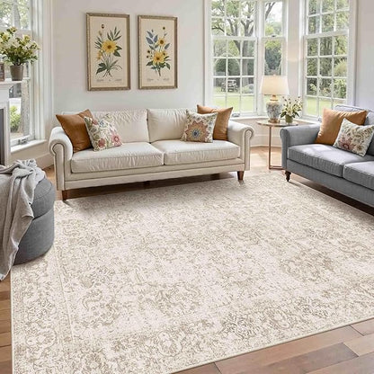 Rugxara 5X7 Washable Area Rug for Living Room, Vintage Neutral Large Boho Rugs for Office, Dining Room, Kids Room, Farmhouse, Durable Low Pile Non Slip Carpet for High Traffic Areas, Light Bown