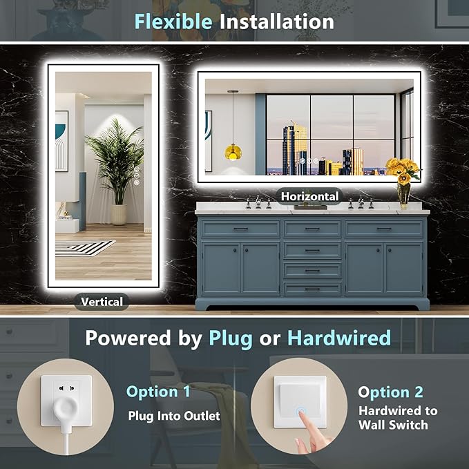 72x40 Black Framed LED Bathroom Mirror with Lights, Backlit and Front Lit Anti-Fog Lighted Vanity Mirrors for Bathroom Wall, Dimmable, 3 Colors, Memory, HD Tempered Glass, Horizontal/Vertical