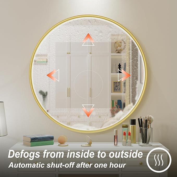 36 Inch Round LED Bathroom Mirror with Bluetooth, 3 Color Temperatures (3000K/4500K/6000K), Anti-Fog, Adjustable Brightness, CRI 90+, Gold Frame Round Mirror with Light