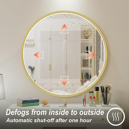 36 Inch Round LED Bathroom Mirror with Bluetooth, 3 Color Temperatures (3000K/4500K/6000K), Anti-Fog, Adjustable Brightness, CRI 90+, Gold Frame Round Mirror with Light