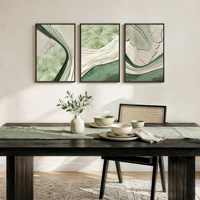 Framed Green Abstract Wall Art Bedroom, 3 Piece Botanical Modern Minimalist Canvas Print Artwork for Walls, Leaf Paintings Pictures for Small Living Room Dining Room Office Wall Art Decor, 16x24 Inch
