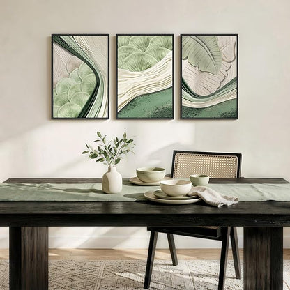 Framed Green Abstract Wall Art Bedroom, 3 Piece Botanical Modern Minimalist Canvas Print Artwork for Walls, Leaf Paintings Pictures for Small Living Room Dining Room Office Wall Art Decor, 16x24 Inch