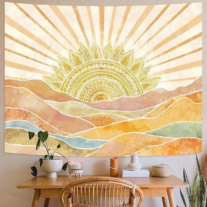 Leeisysme Boho Sun Tapestry, Abstract Retro 70s Mountain Wall Art, Vintage Sunrise Tapestries for Bedroom Living Room Dorm Decor, Gold Yellow 60x80 inches