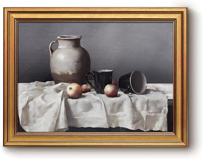 Bzstyleart Vintage Wall Art Decor Living Room, Canvas Framed Wall Art, Farmhouse Retro Rustic Artwork, Home Decor Aesthetic Painting Picture Print, Pottery Still Life, 12 x 16 Inch