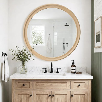 CULER Round Wall Mirrors 36 Inch,Natural Rustic Decorative Transitional Mirror with Wood Grain Frame for Wall,Farmhouse Hanging Vanity Mirror for Bathroom Bedroom Living Room or Entryway