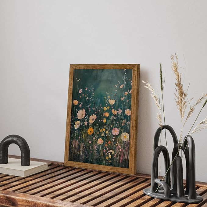 JLTULT Framed Vintage Pink Tone Floral Canvas Wall Art, Farmhouse Flower Landscape Pictures Wall Decor, Botanical Wildflower Field Art Print for Bedroom Living Room Bathroom Home Decoration 12x16 in