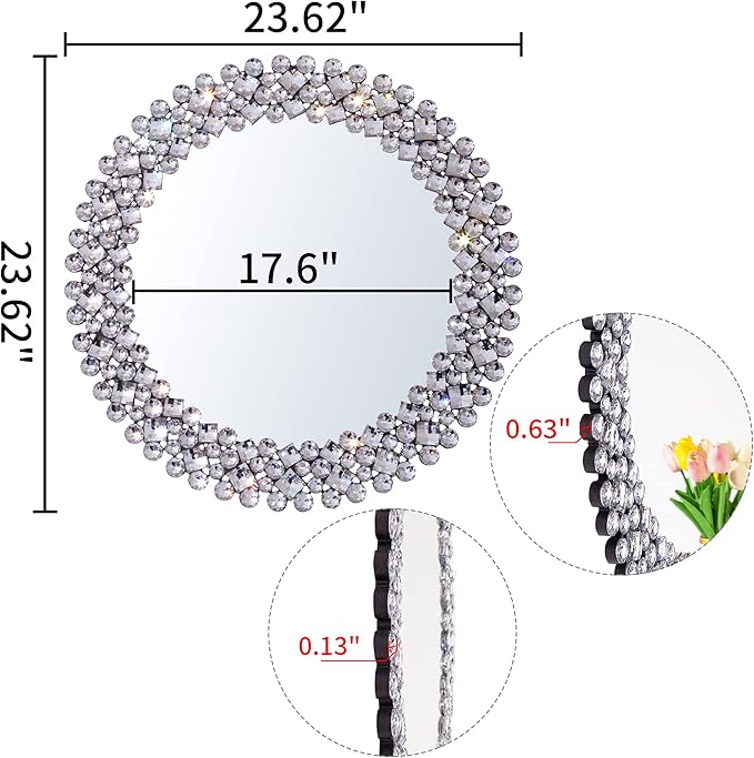 SHYFOY Crystral Round Mirror for Wall Decor,24" Large Wall Mirrors with Luxury Jeweled Decorative Mirror Circle Accent Mirrors for Living Room Bathroom Bedroom Fireplace Decor