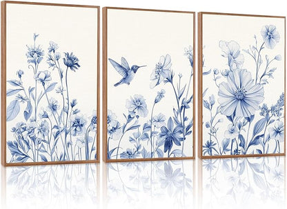 HLNIUC Chinoiserie Floral Wall art,Blue Flower Bird Wall Art,Minimalist Botaincal Artwork,Navy Blue Flower Framed Decor,Neutral Plants Painting,Daisy Prints for Livingroom,Bedroom,Office 16x24x3