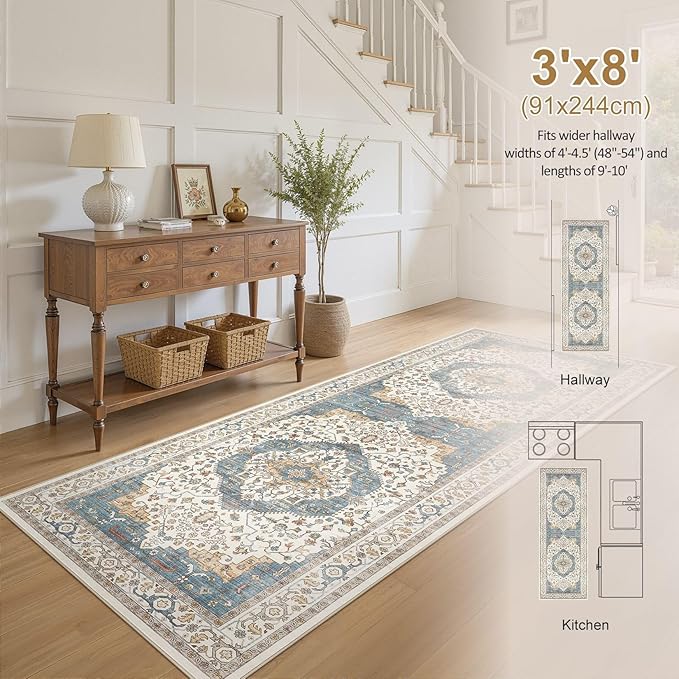 Area Rug for Living Room - 3x8 Soft Washable Oriental Vintage Floral Distressed Large Carpet - Fade Stain Resistant Non Slip Rugs for Bedroom Dining Room Nursery Dorm Office Home Decor - Blue/Beige