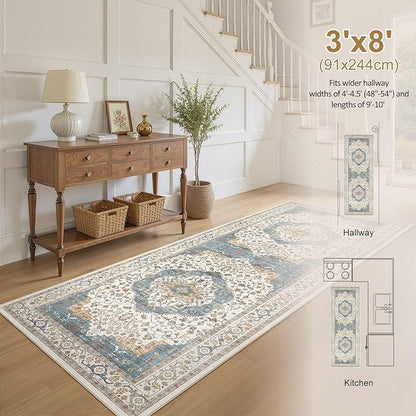 Area Rug for Living Room - 3x8 Soft Washable Oriental Vintage Floral Distressed Large Carpet - Fade Stain Resistant Non Slip Rugs for Bedroom Dining Room Nursery Dorm Office Home Decor - Blue/Beige