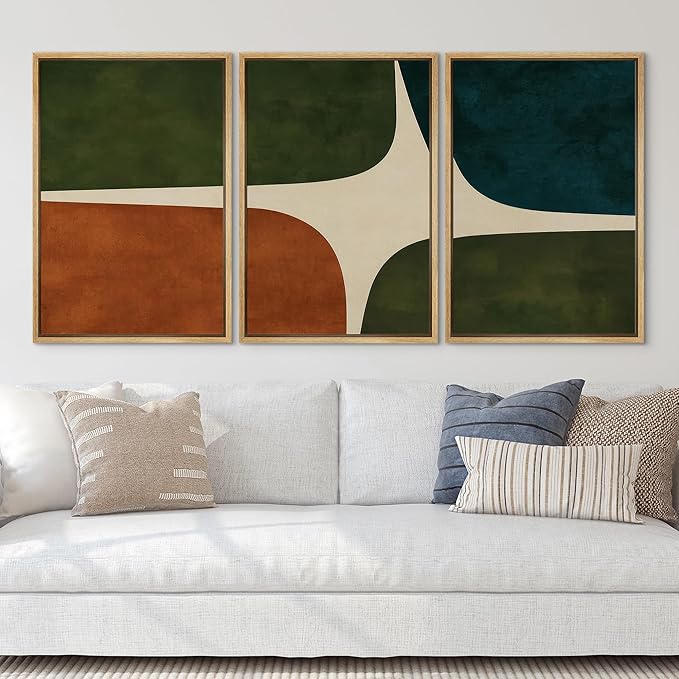 SIGNLEADER Framed Canvas Print Wall Art Set Dark Green Rust Blue Mid Century Abstract Color Block Illustrations Modern Art Boho Decorative for Living Room, Bedroom, Office - 16"x24"x3 NATURAL