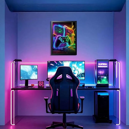 Boys Room Game Wall Decor Wall Decor, Neon Gaming Accessories Theme Wall Art, Colorful Neon Gamepad Canvas Painting Prints for Children Youth Boys Bedroom Decor 12x16 Inch Framed