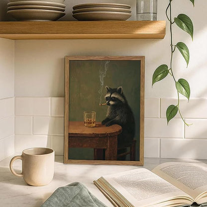 Framed Vintage Raccoon Wall Art, Funny Animal Canvas Wall Decor Paintings, Dark Moody Whimsical Artwork Poster Print Picture for Bar Bathroom Bedroom Living Room 12x16 Inch