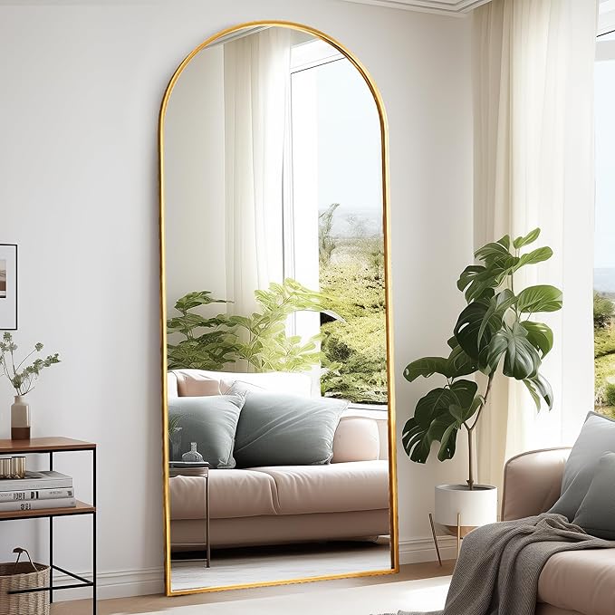 Rowjut Floor Full Length Mirror, Arched Mirrors Full Length 76"x34" Freestanding Large/with Aluminum Frame & Wall Mounted & Hanging or Leaning & Full Body Mirror for Bedroom, (Gold)