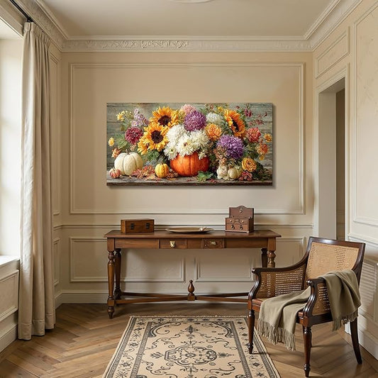 imjiayu Large Wall Art, Floral Wall Art, Rustic Wall Decor, Still Life Flowers Painting Prints, Autumn Pumpkins Vintage Canvas Pictures for Living Room Bedroom Kitchen Dining Room Farmhouse 24"x48"
