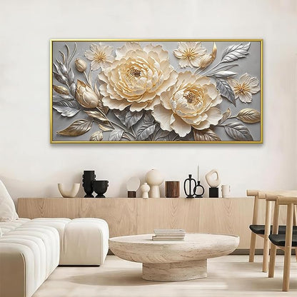 Large Canvas Art Wall Decor Print Silver White Flowers Wall Art Picture Modern Landscape Artwork Painting Gold Framed Wall Art For Living Room Bedroom Home Office Prints Artwork 29" X 58"