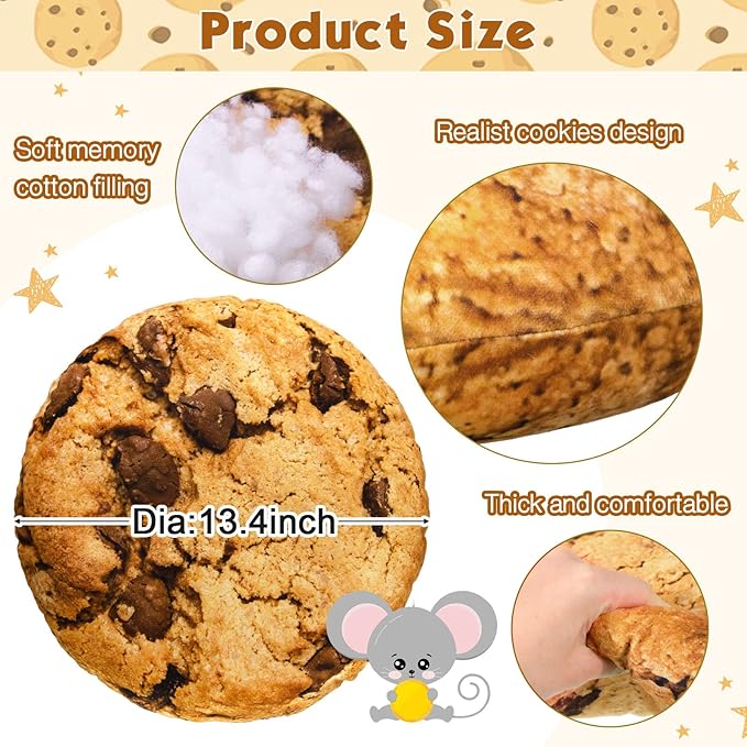Unittype 6 Pcs 13.4" Chocolate Chip Cookie Pillows Round Throw Pillow Plush 3D Digital Print Funny Food Shaped Soft Stuffed Seat Pad Cushion for Bedroom Couch Sofa Chair Floor Decor Gifts