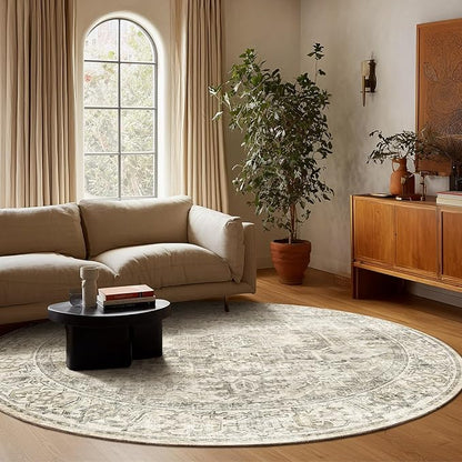 6ft Washable Round Rugs for Bedroom: Circle Living Room Rug Vintage Non Slip Low Pile Soft Faux Wool Non Shedding Boho Circular Rug for Entryway Kitchen Bathroom Office College Dorm Nursery Indoor