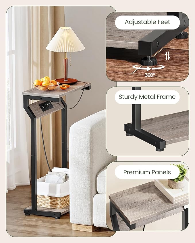 CHOEZON Narrow Side Table with Charging Station, 27" Skinny End Table for Small Spaces, Couch Table with Storage, Slim Tray Table with USB Ports, for Living Room, Bedroom, Greige and Black TBZ27UBG